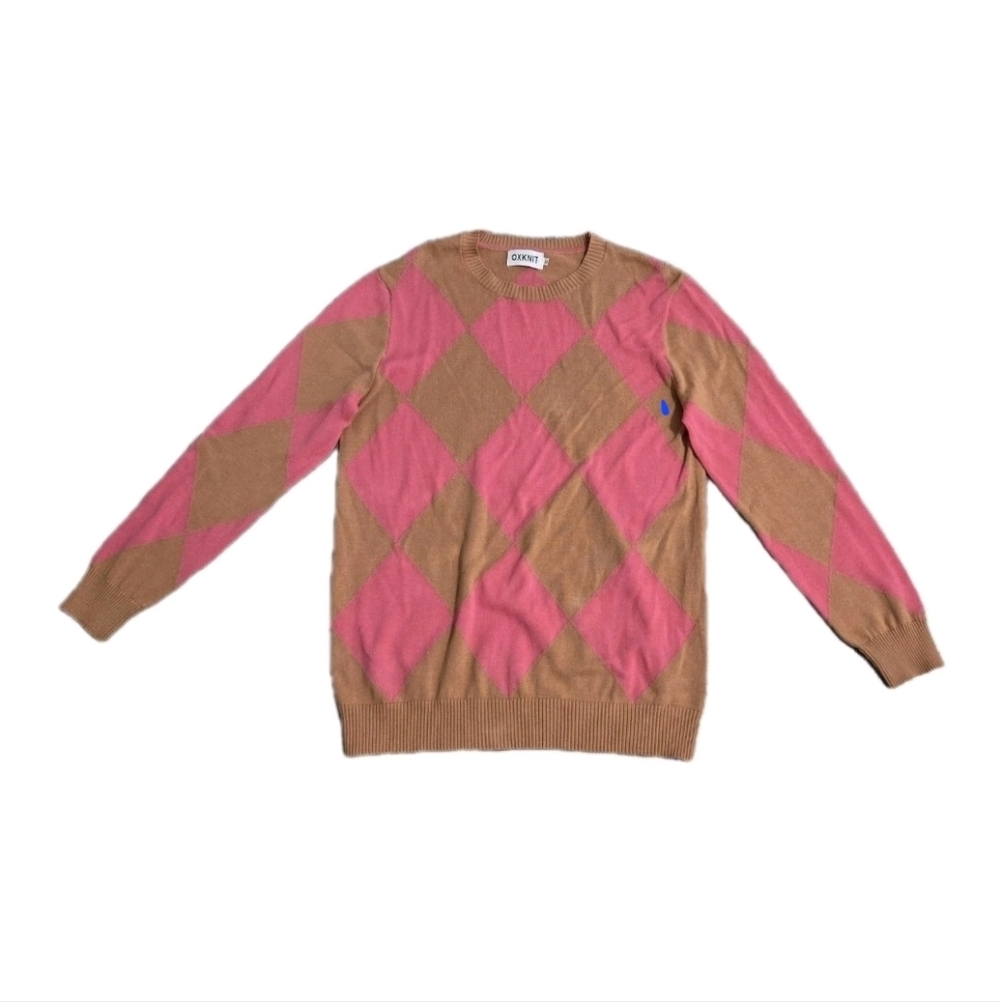 OXKNIT Men’s XL Sweater Argyle 100% Cotton Brown Pink Pullover Pre-owned